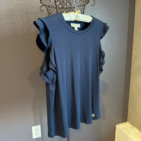 NWT, Michael Kors Women’s Size Large & XL Navy Tee w/Double Ruffle Sleeves, K627 - Picture 7 of 17